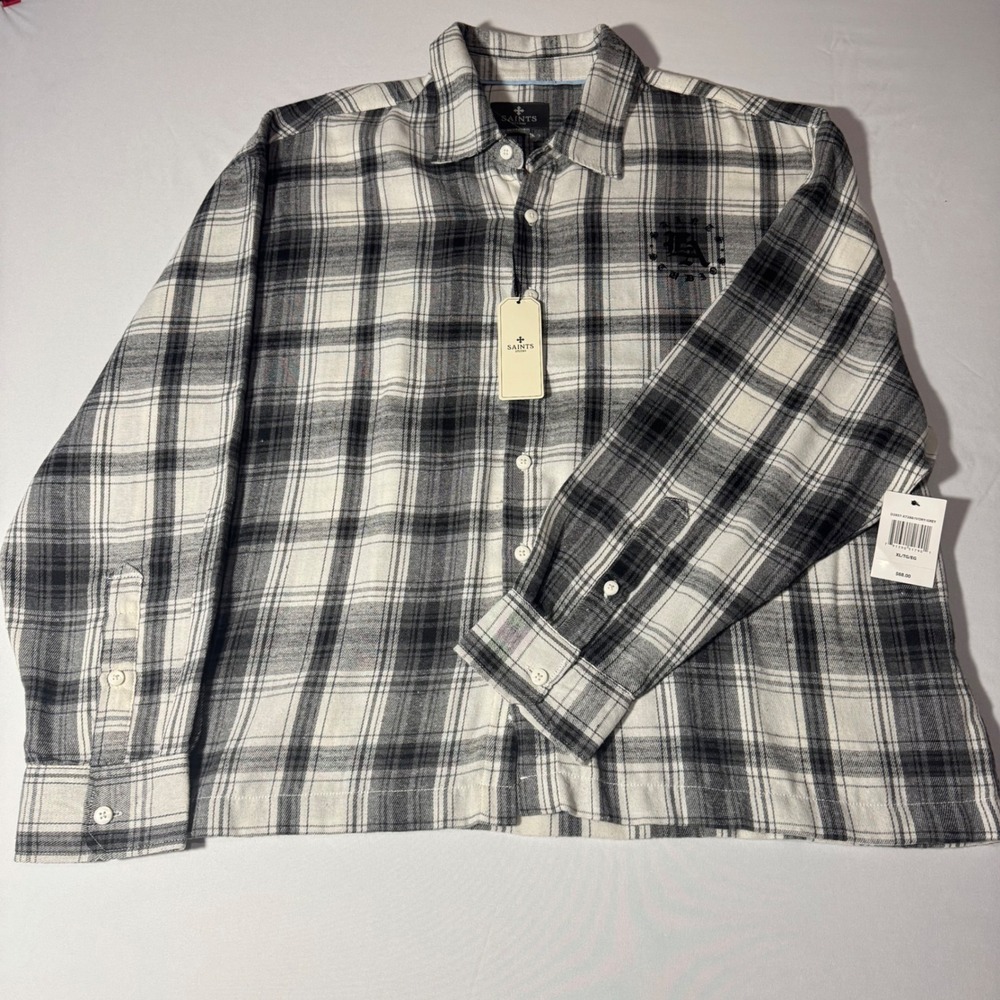 Saints Studio Mens XL Flannel Shirt Ivory Grey Plaid‎ LA Graphic D2857-X7288 NWT
